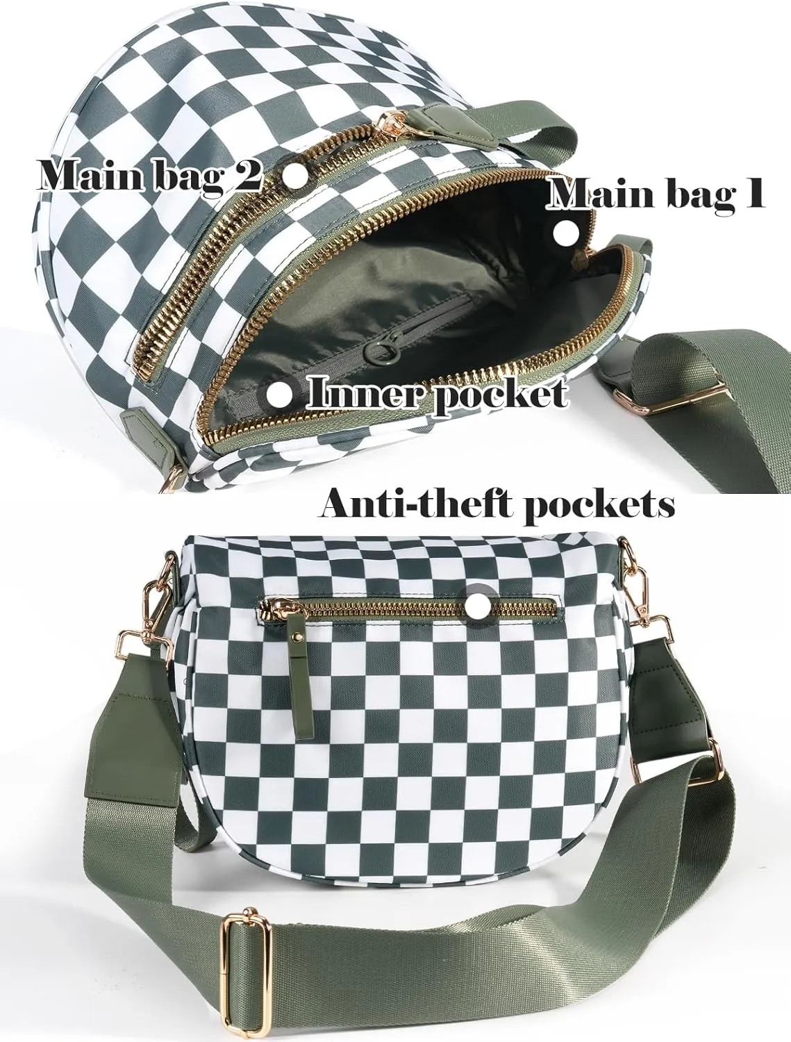 Black and White Checkered Crossbody Bag Bum Bag for Women,Spacious Checkered Purse Fanny Packs Belt Bag