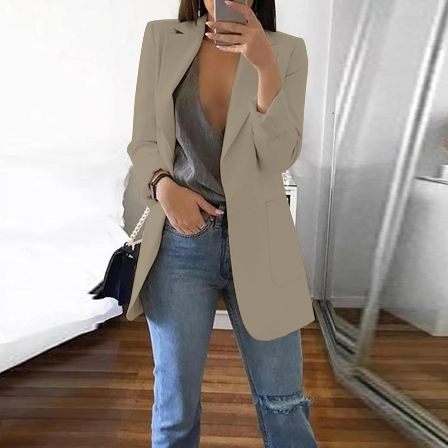Blazers for Women 2024 Winter Open Front Long Sleeve Work Jackets Coat Business Casual Lapel Suit Jacket with Pocket