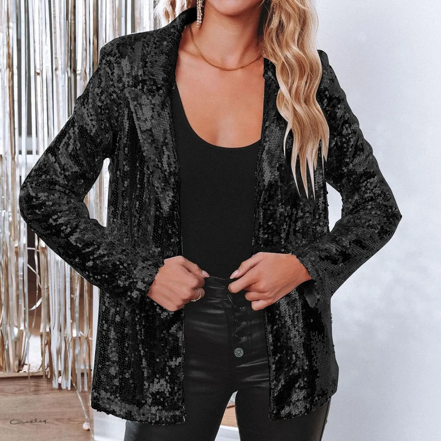 Blazers for Women 2025 Trendy Sequin Jacket Open Front Long Sleeve Glitter Party Suit Jackets Lightweight Elegant Tops