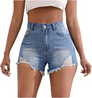 Blue Jeans Shorts For Women Stretchy Frayed Raw Hem High Waisted Denim Shorts Summer Distressed Ripped Short Jeans