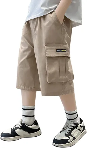 Boy's Baggy Cargo Shorts Straight Leg Cool Shorts Flap Pocket Letter Patched Short