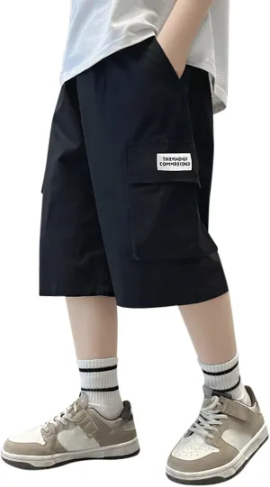 Boy's Baggy Cargo Shorts Straight Leg Cool Shorts Flap Pocket Letter Patched Short