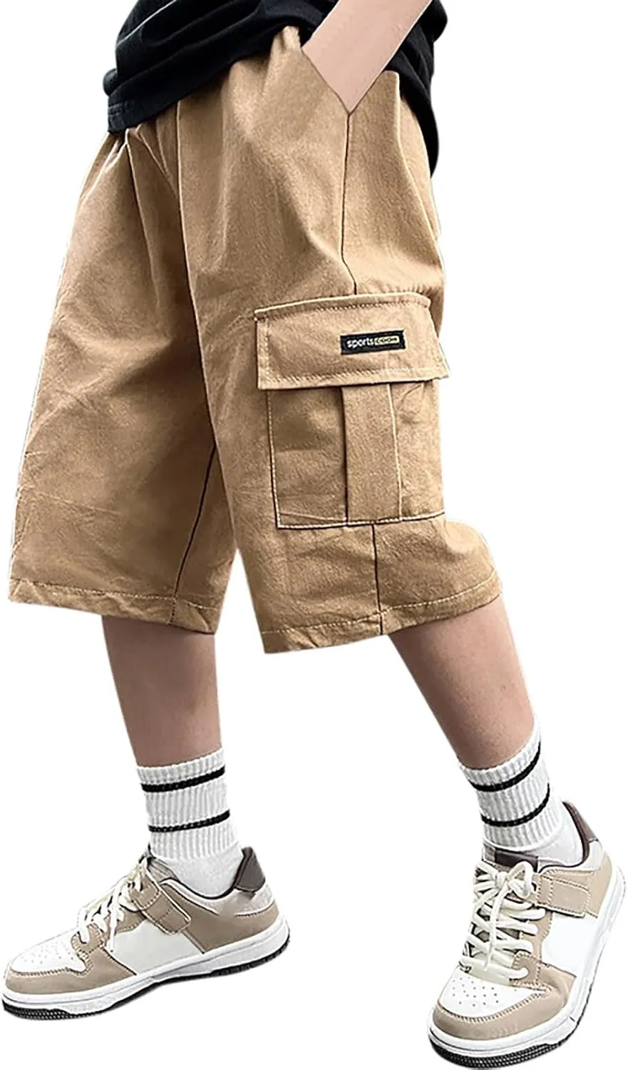Boy's Baggy Cargo Shorts Straight Leg Cool Shorts Flap Pocket Letter Patched Short