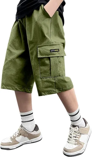 Boy's Baggy Cargo Shorts Straight Leg Cool Shorts Flap Pocket Letter Patched Short