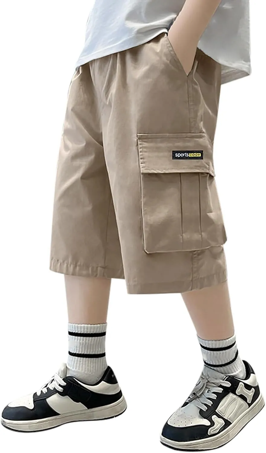 Boy's Baggy Cargo Shorts Straight Leg Cool Shorts Flap Pocket Letter Patched Short