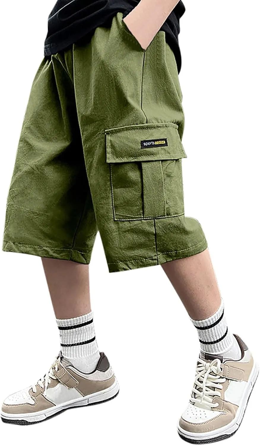 Boy's Baggy Cargo Shorts Straight Leg Cool Shorts Flap Pocket Letter Patched Short