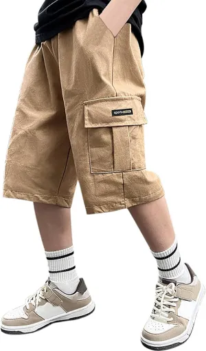 Boy's Baggy Cargo Shorts Straight Leg Cool Shorts Flap Pocket Letter Patched Short