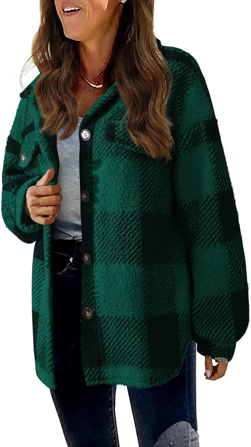 Buffalo Plaid Jacket for Women Flannel Sherpa Button Down Shacket Casual Fuzzy Fleece Long Sleeve Shirt with Pocket