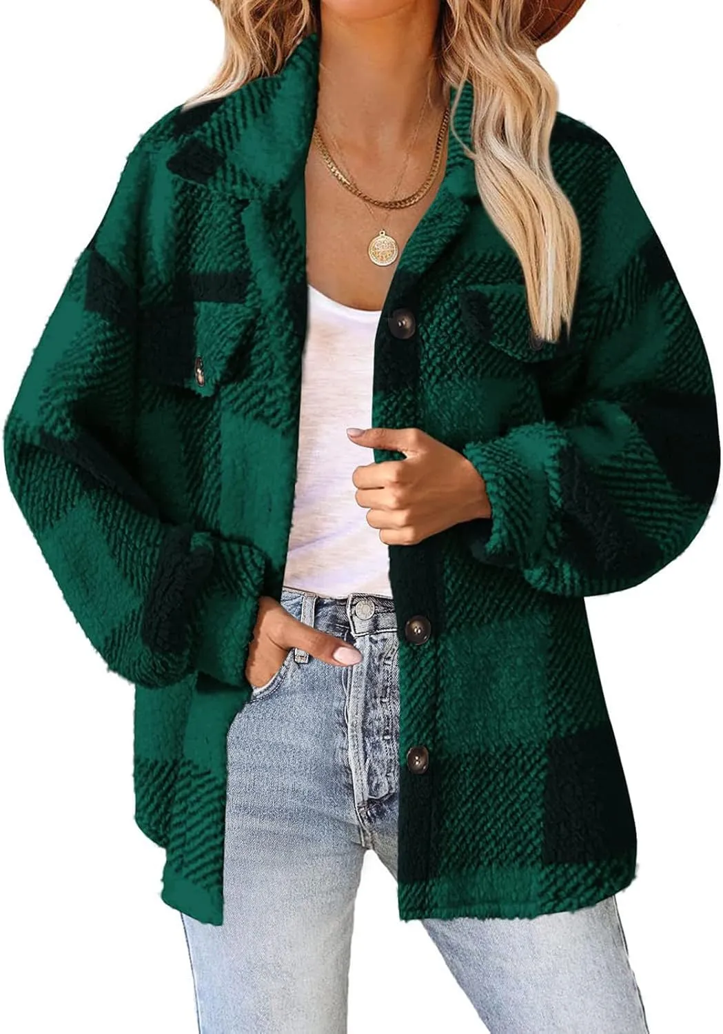 Buffalo Plaid Jacket for Women Flannel Sherpa Button Down Shacket Casual Fuzzy Fleece Long Sleeve Shirt with Pocket