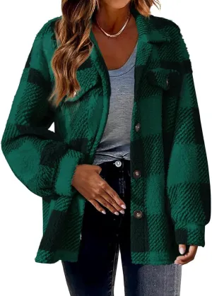 Buffalo Plaid Jacket for Women Flannel Sherpa Button Down Shacket Casual Fuzzy Fleece Long Sleeve Shirt with Pocket