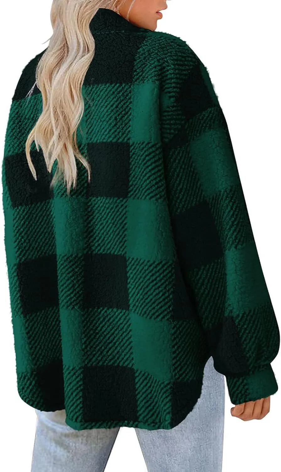 Buffalo Plaid Jacket for Women Flannel Sherpa Button Down Shacket Casual Fuzzy Fleece Long Sleeve Shirt with Pocket