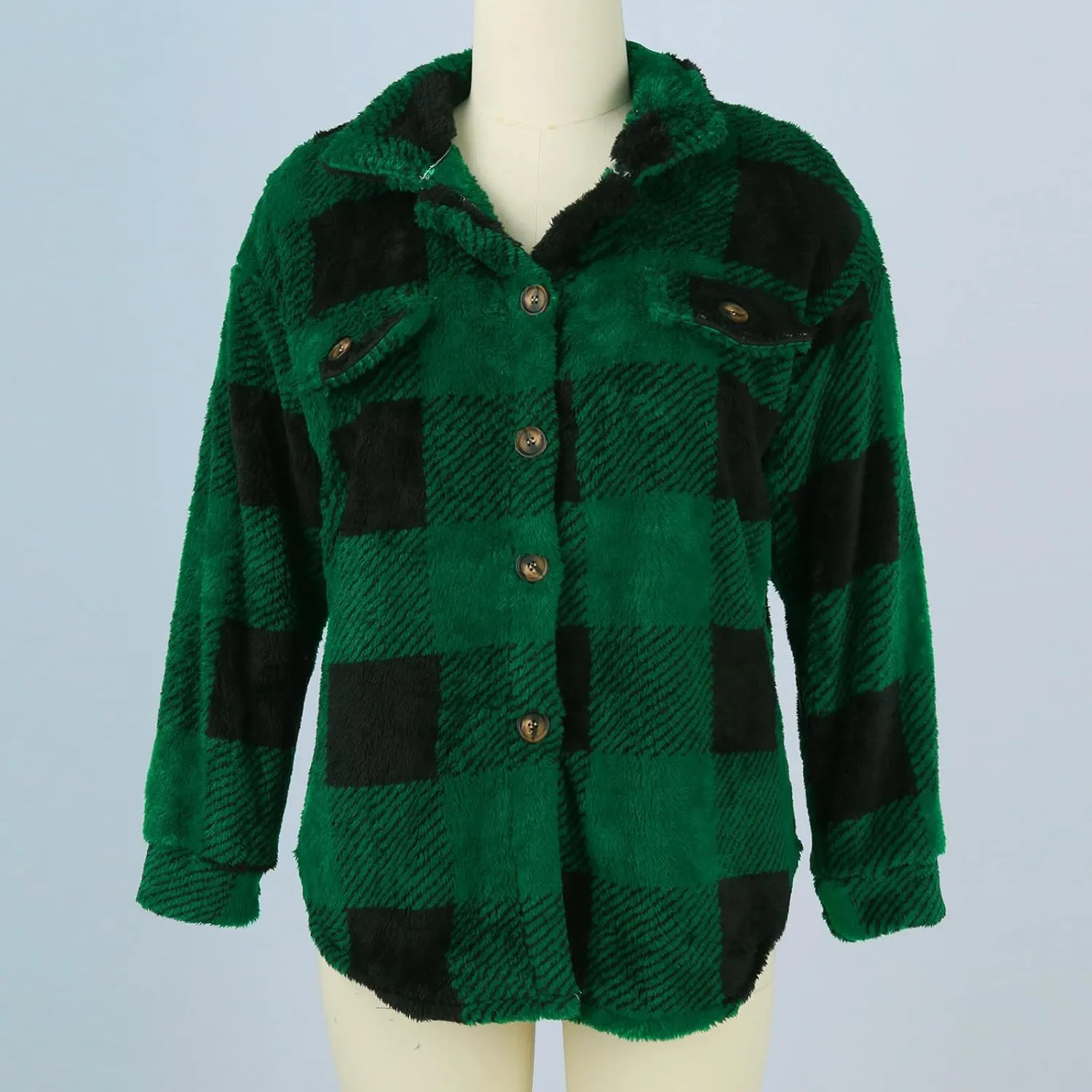 Buffalo Plaid Jacket for Women Flannel Sherpa Button Down Shacket Casual Fuzzy Fleece Long Sleeve Shirt with Pocket