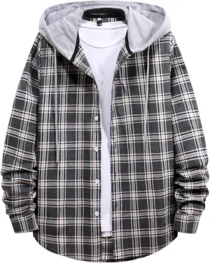 Burband Mens Flannel Hoodies Shirts Long Sleeve Button Down Plaid Jackets Casual Lightweight Checkered Sweatshirt with Hood