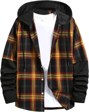 Burband Mens Flannel Hoodies Shirts Long Sleeve Button Down Plaid Jackets Casual Lightweight Checkered Sweatshirt with Hood