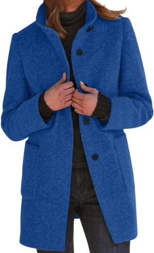Canbebig Womens Pea Coats Wool Blend Coats Stand Collar Jackets Long Sleeve Overcoats Oversized Long Jackets with Pockets