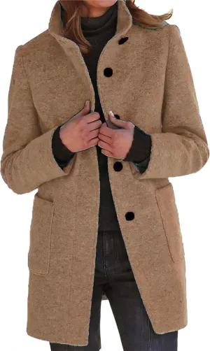 Canbebig Womens Pea Coats Wool Blend Coats Stand Collar Jackets Long Sleeve Overcoats Oversized Long Jackets with Pockets