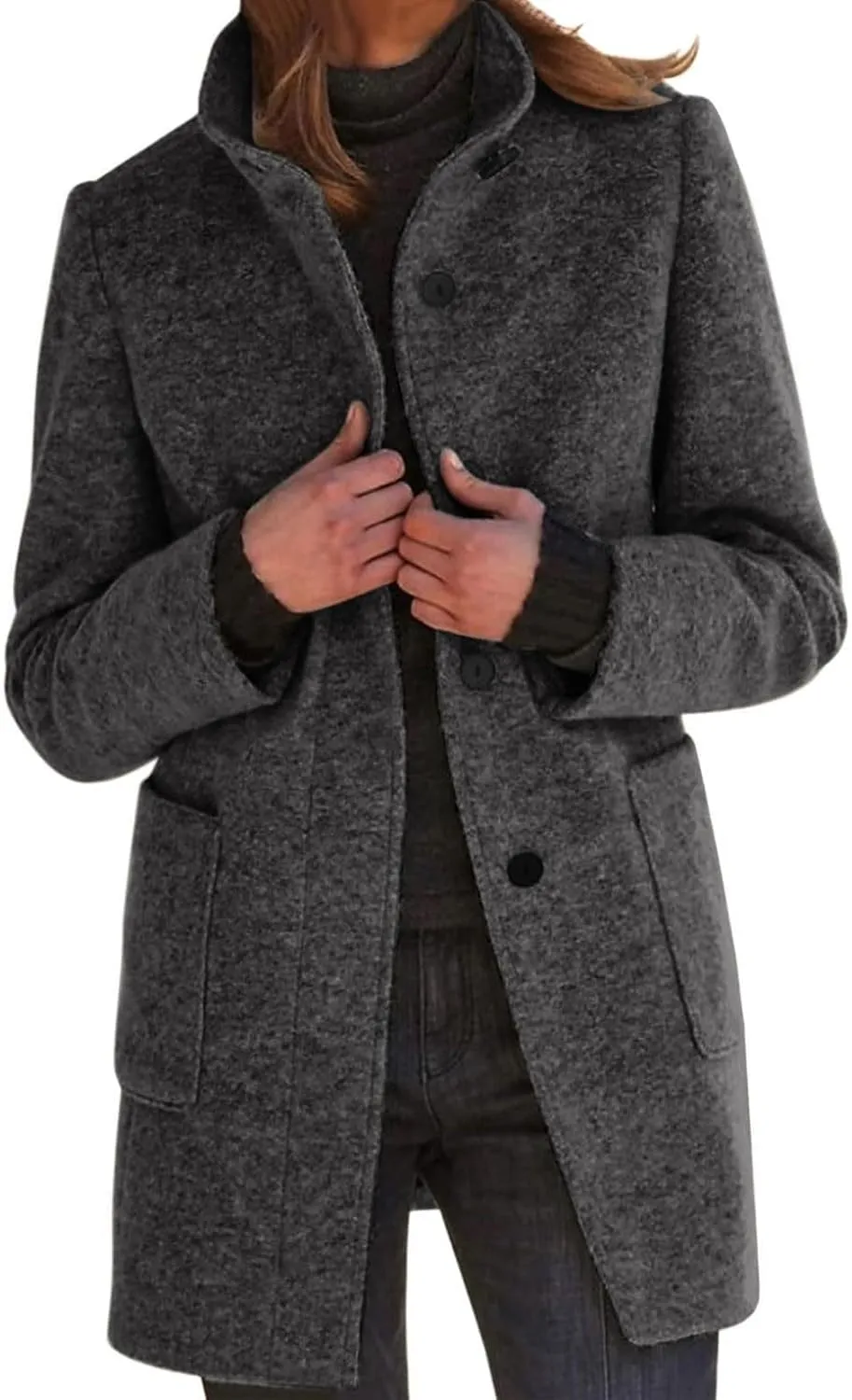 Canbebig Womens Pea Coats Wool Blend Coats Stand Collar Jackets Long Sleeve Overcoats Oversized Long Jackets with Pockets