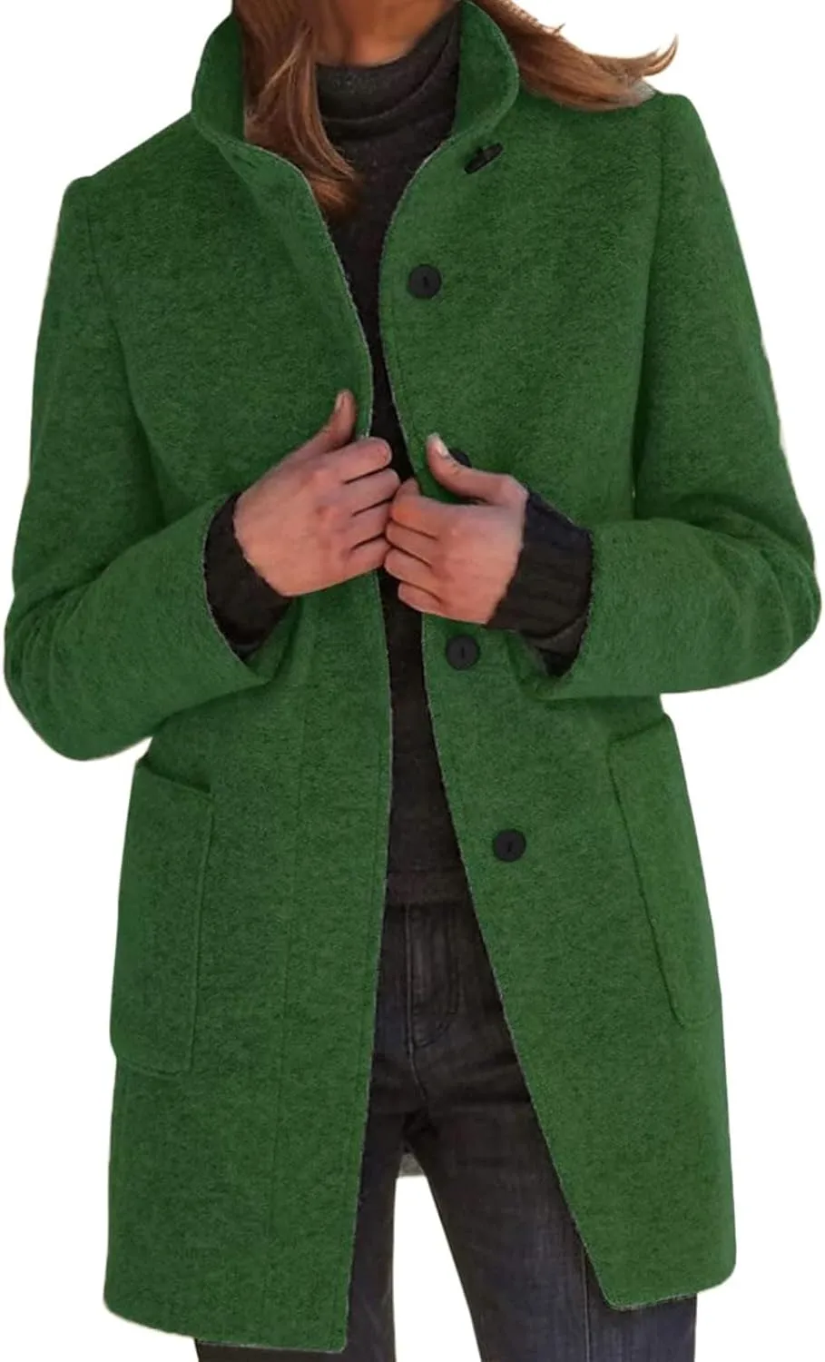 Canbebig Womens Pea Coats Wool Blend Coats Stand Collar Jackets Long Sleeve Overcoats Oversized Long Jackets with Pockets