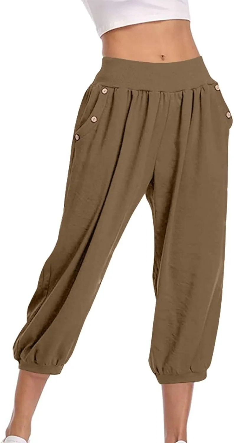 Capri Joggers for Women Elastic Waist Loose Cropped Yoga Harem Pants Casual Lounge Workout Sweatpants with Pockets