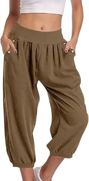 Capri Joggers for Women Elastic Waist Loose Cropped Yoga Harem Pants Casual Lounge Workout Sweatpants with Pockets