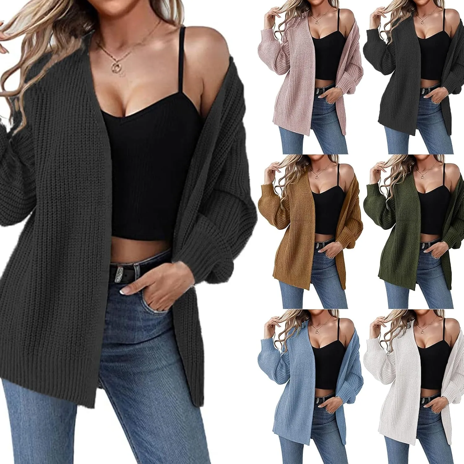 Cardigans for Women Trendy Lantern Sleeve Cardigan Sweaters Casual Cable Knitted Sweater Open Front Coat Outwear