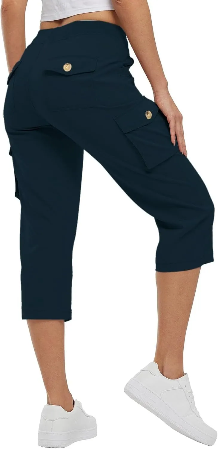 Cargo Capris for Women Lightweight Quick Dry Hiking Pants Casual Drawstring Capri Pants with Pockets Travel Pant