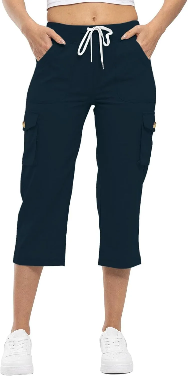 Cargo Capris for Women Lightweight Quick Dry Hiking Pants Casual Drawstring Capri Pants with Pockets Travel Pant