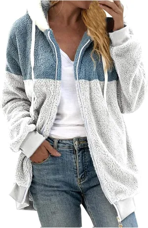Casual Fuzzy Fleece Long Sleeves Hooded Cardigan For Women Solid Zip Up Coats Fuzzy Hooded Jacket Outerwear Pockets