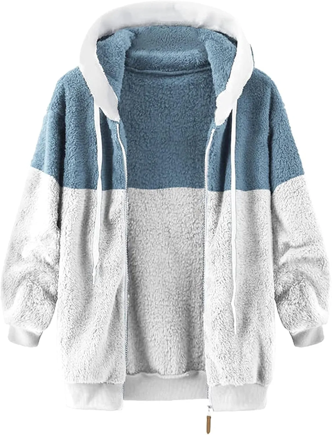 Casual Fuzzy Fleece Long Sleeves Hooded Cardigan For Women Solid Zip Up Coats Fuzzy Hooded Jacket Outerwear Pockets