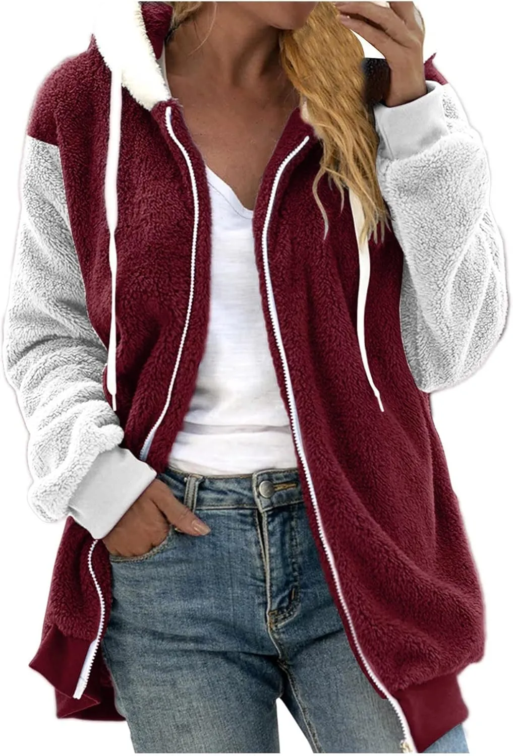 Casual Fuzzy Fleece Long Sleeves Hooded Cardigan For Women Solid Zip Up Coats Fuzzy Hooded Jacket Outerwear Pockets
