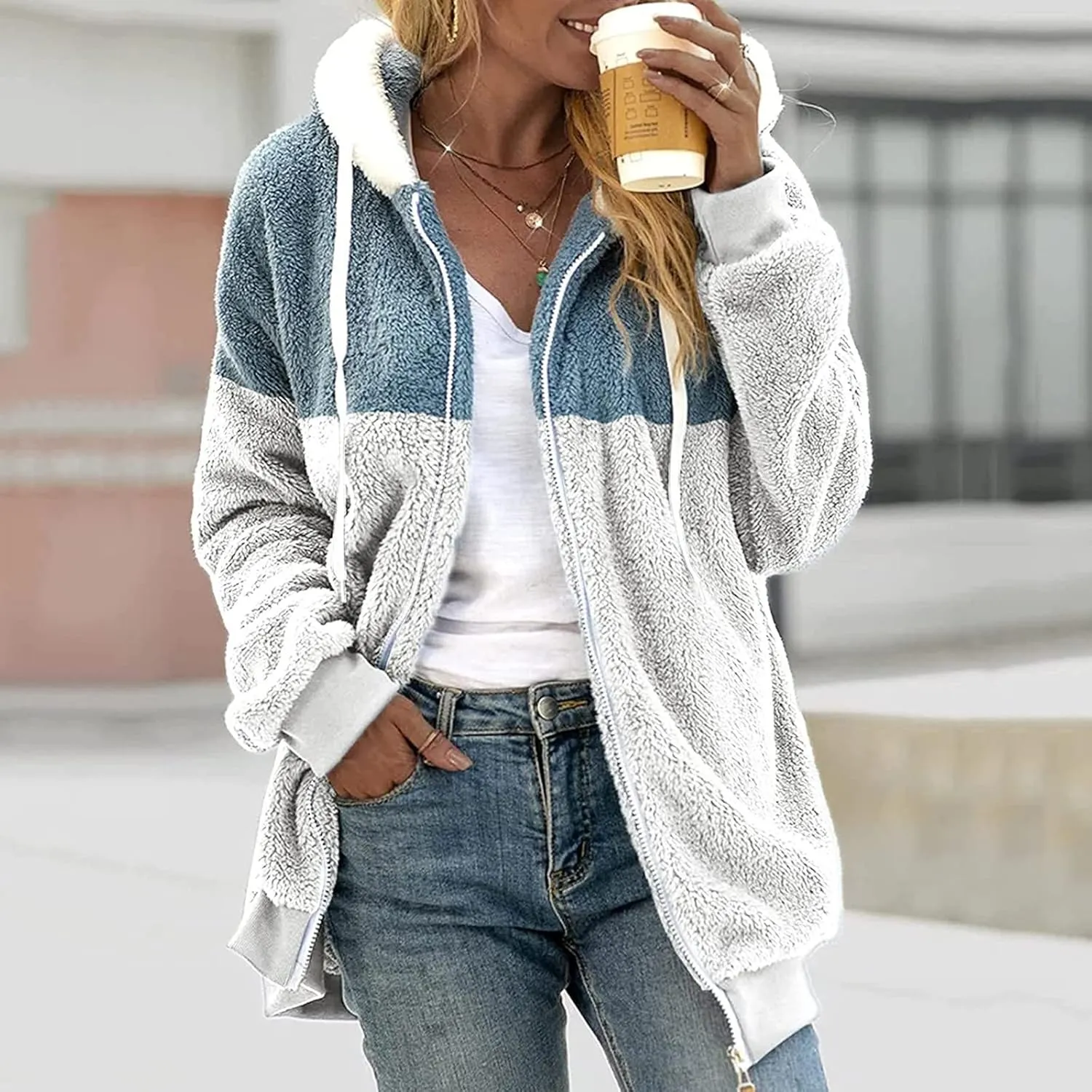 Casual Fuzzy Fleece Long Sleeves Hooded Cardigan For Women Solid Zip Up Coats Fuzzy Hooded Jacket Outerwear Pockets