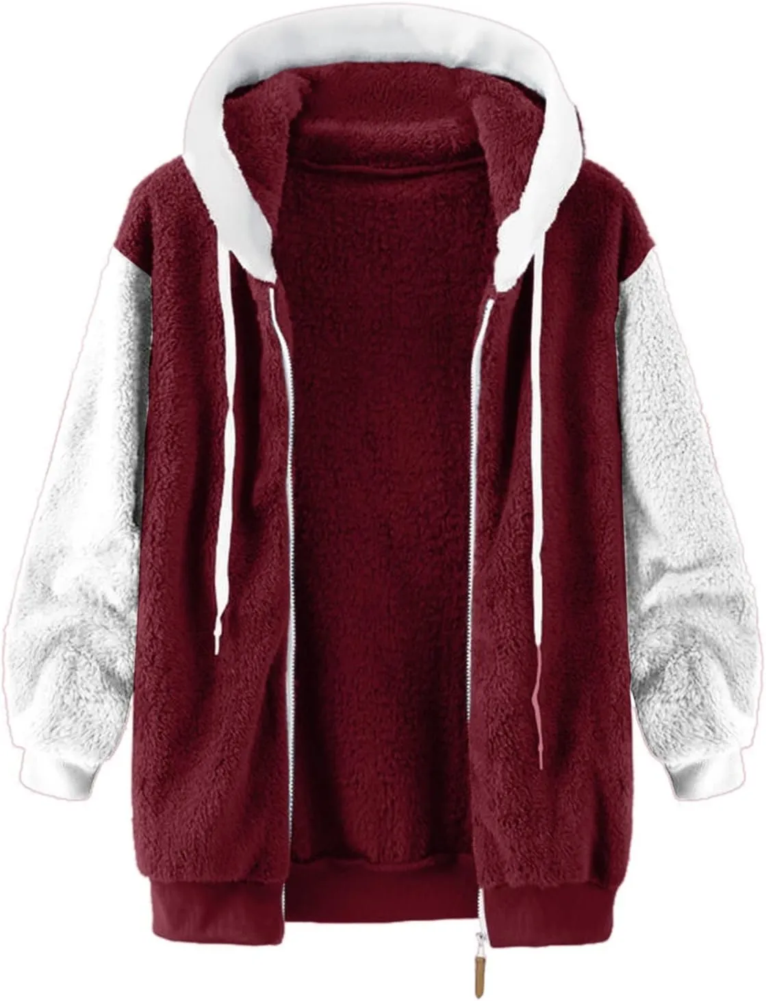 Casual Fuzzy Fleece Long Sleeves Hooded Cardigan For Women Solid Zip Up Coats Fuzzy Hooded Jacket Outerwear Pockets