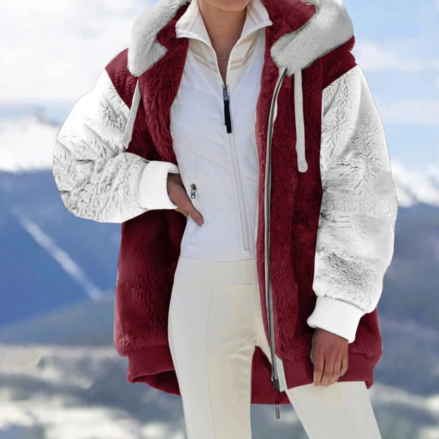 Casual Fuzzy Fleece Long Sleeves Hooded Cardigan For Women Solid Zip Up Coats Fuzzy Hooded Jacket Outerwear Pockets