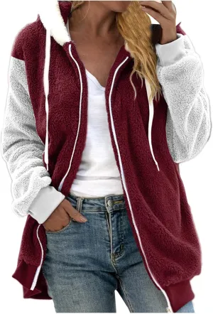 Casual Fuzzy Fleece Long Sleeves Hooded Cardigan For Women Solid Zip Up Coats Fuzzy Hooded Jacket Outerwear Pockets