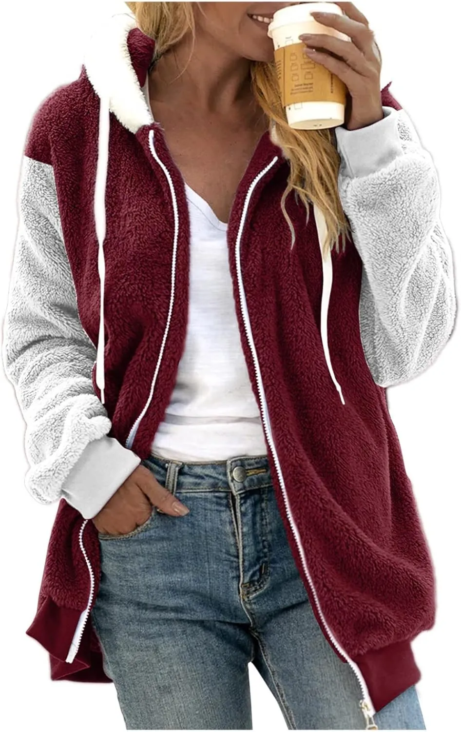 Casual Fuzzy Fleece Long Sleeves Hooded Cardigan For Women Solid Zip Up Coats Fuzzy Hooded Jacket Outerwear Pockets