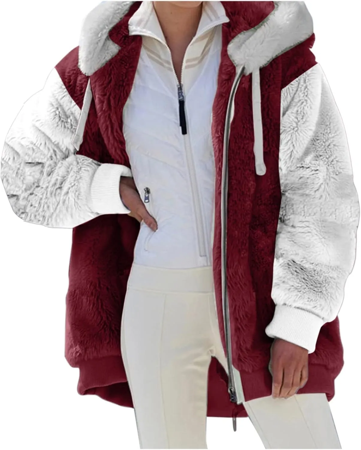Casual Fuzzy Fleece Long Sleeves Hooded Cardigan For Women Solid Zip Up Coats Fuzzy Hooded Jacket Outerwear Pockets