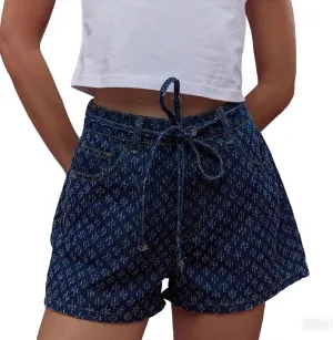 CHARTOU Womens Wide Leg Jean Shorts High Waisted Lace Up Jacquard Denim Shorts with Pockets