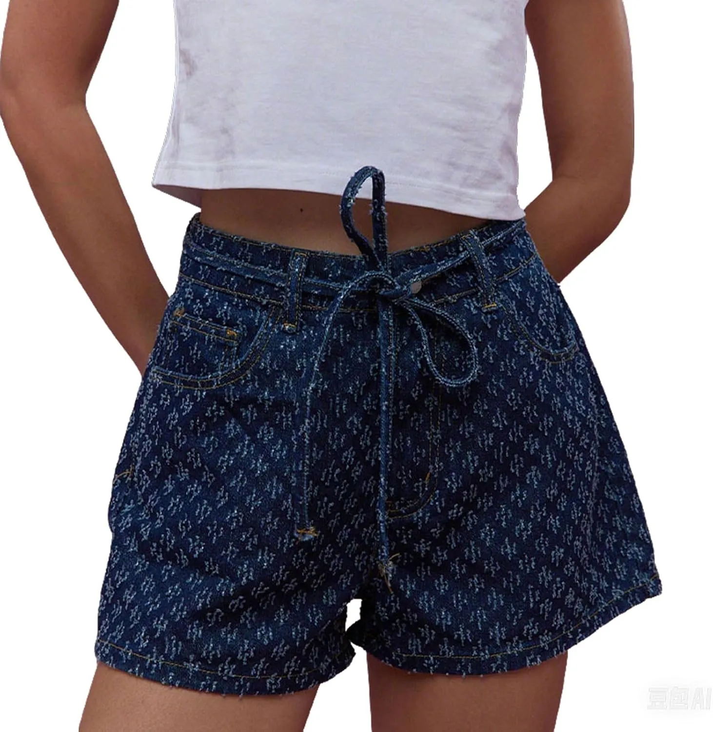 CHARTOU Womens Wide Leg Jean Shorts High Waisted Lace Up Jacquard Denim Shorts with Pockets