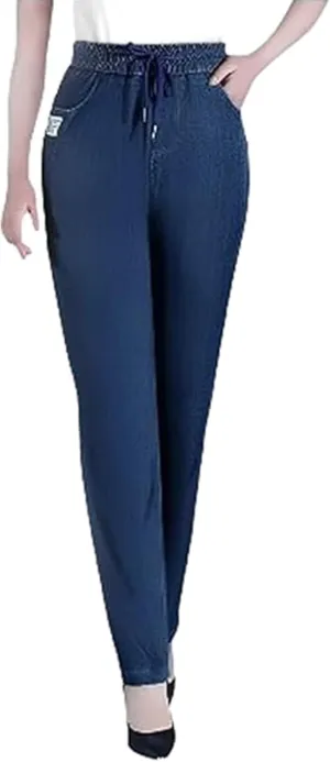 Comfijeans - High Waist Ultra-Stretch Mom Jeans, Women's Drawstring Elastic Waist Jeans with Side Pock