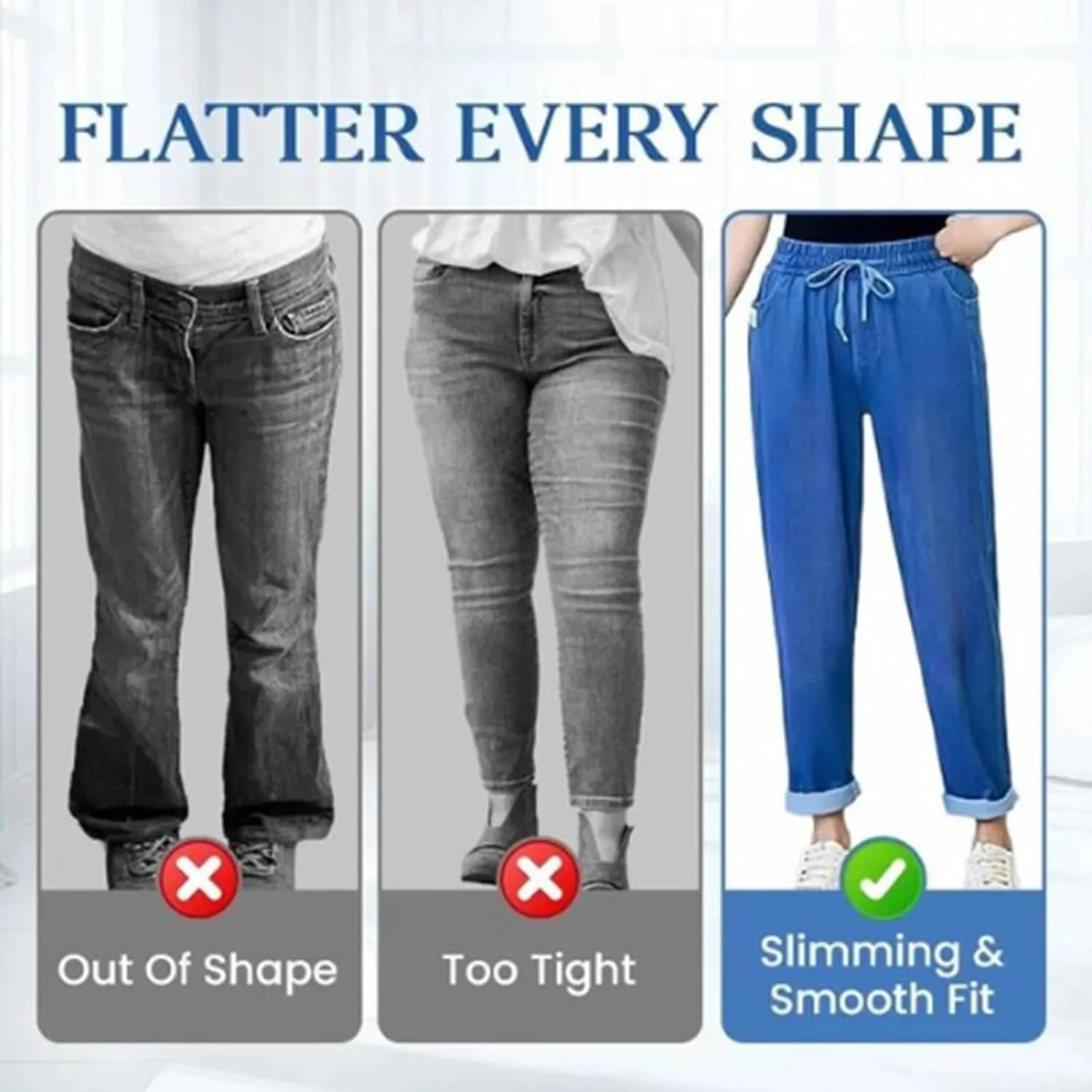 Comfijeans - High Waist Ultra-Stretch Mom Jeans, Women's Drawstring Elastic Waist Jeans with Side Pock