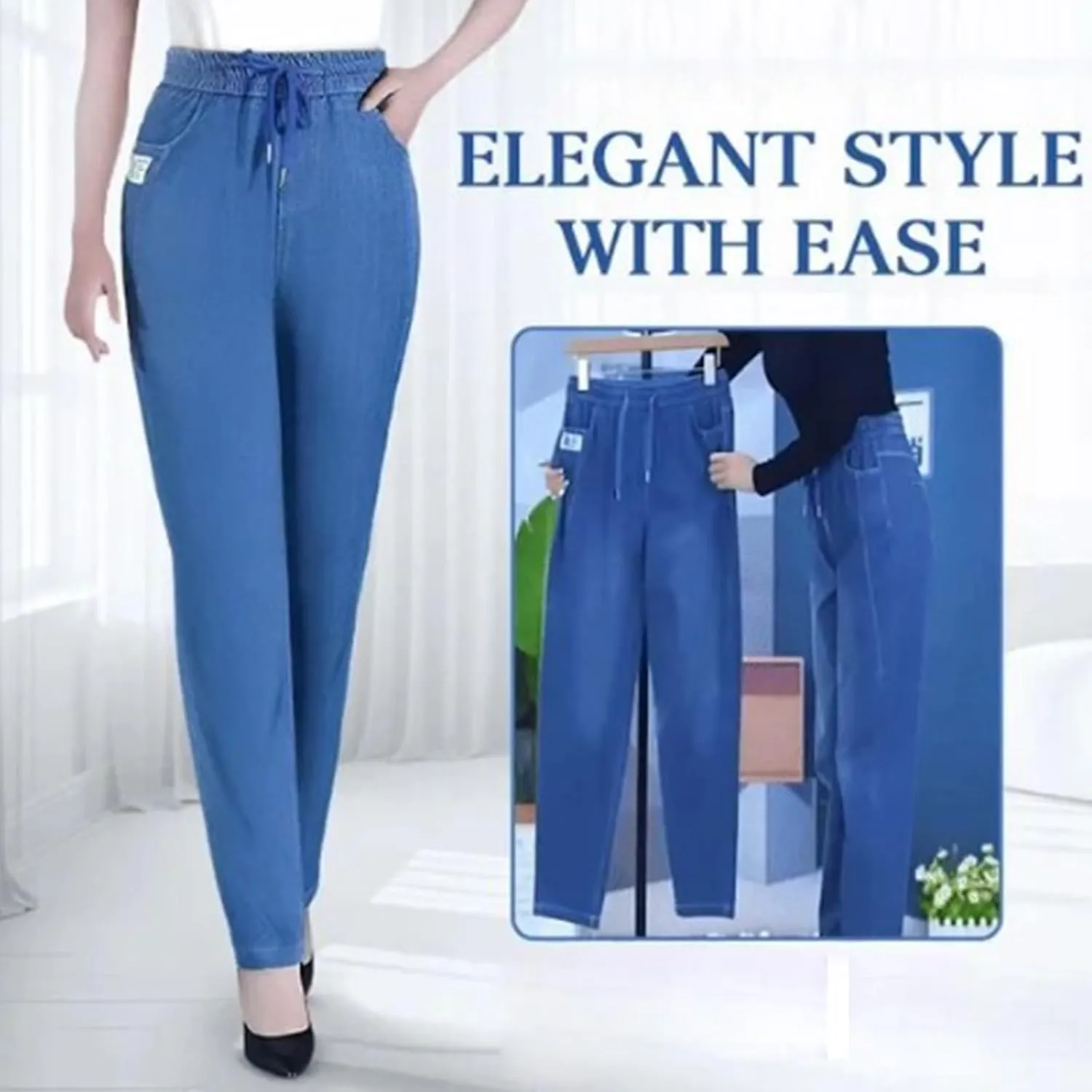 Comfijeans - High Waist Ultra-Stretch Mom Jeans, Women's Drawstring Elastic Waist Jeans with Side Pock