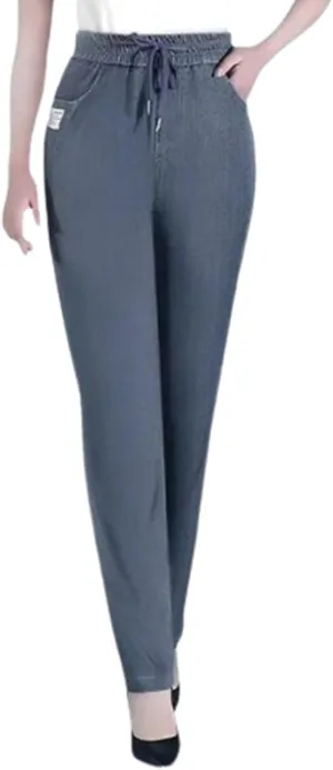 Comfijeans - High Waist Ultra-Stretch Mom Jeans, Women's Drawstring Elastic Waist Jeans with Side Pock