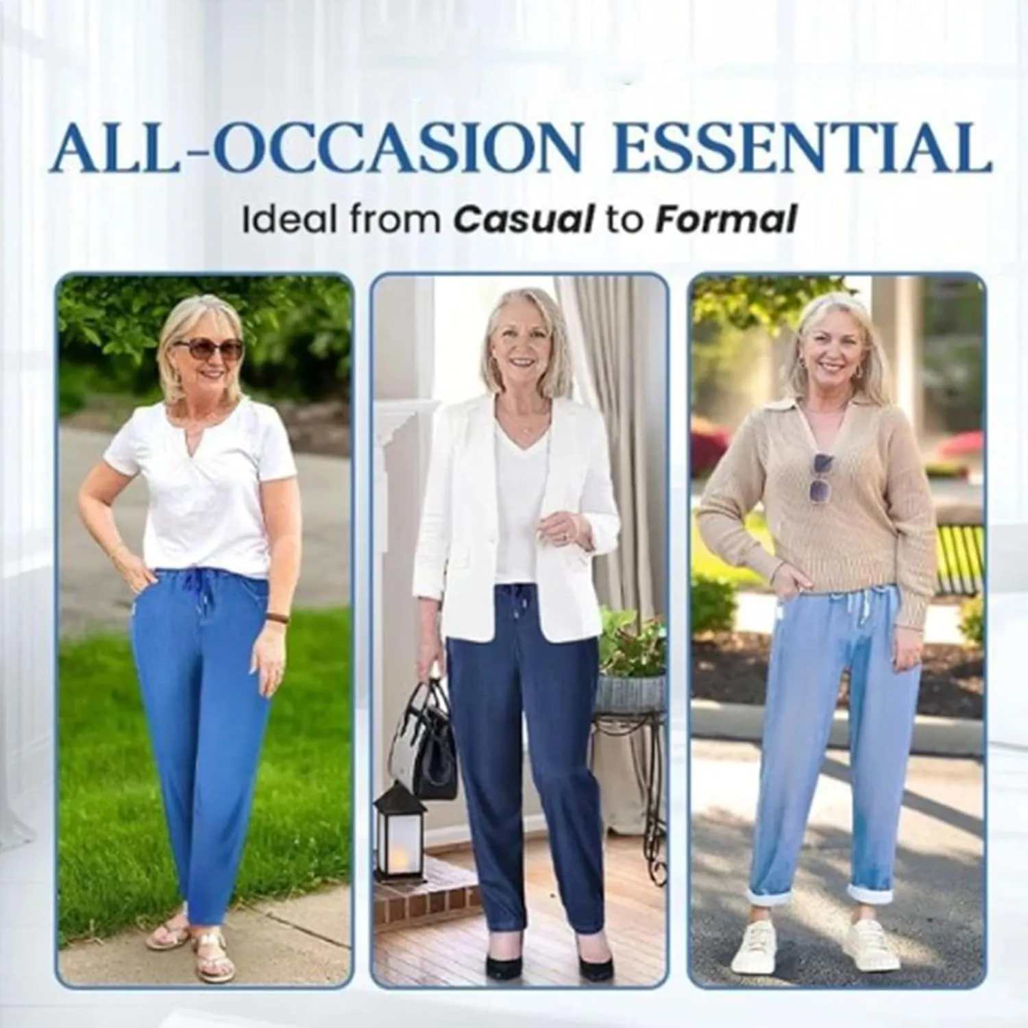 Comfijeans - High Waist Ultra-Stretch Mom Jeans, Women's Drawstring Elastic Waist Jeans with Side Pock