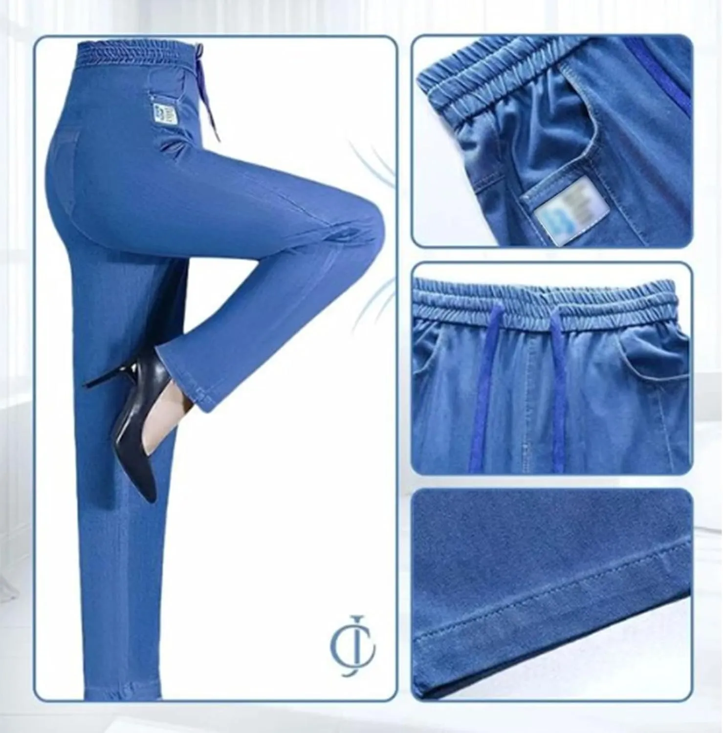 Comfijeans - High Waist Ultra-Stretch Mom Jeans, Women's Drawstring Elastic Waist Jeans with Side Pock