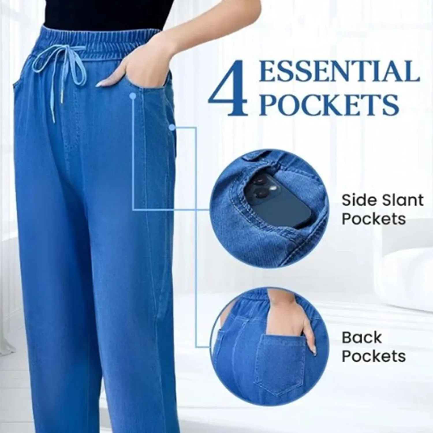 Comfijeans - High Waist Ultra-Stretch Mom Jeans, Women's Drawstring Elastic Waist Jeans with Side Pock