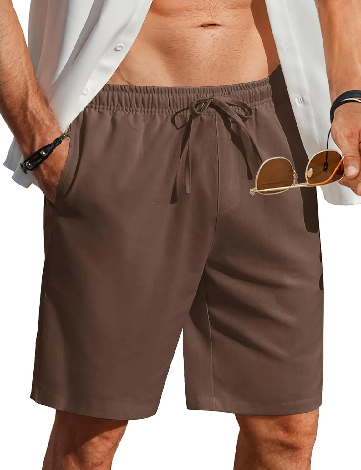 COOFANDY Men's Linen Shorts Casual Beach Shorts 9 inch Inseam Elastic Waist Drawstring Summer Shorts
