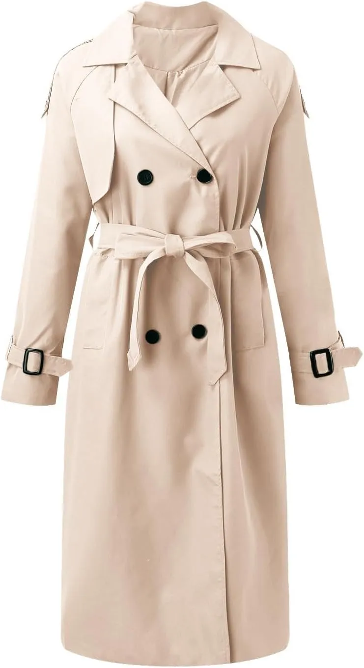 cooki Trench Coat Women Fall Jackets Women's Double Breasted Long Trench Coat Windproof Classic Lapel Slim Overcoat with Belt