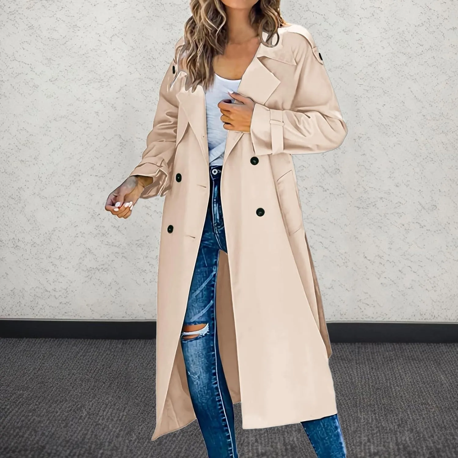 cooki Trench Coat Women Fall Jackets Women's Double Breasted Long Trench Coat Windproof Classic Lapel Slim Overcoat with Belt