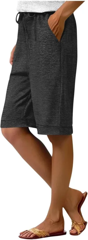 Cotton Sweat Shorts with Pockets for Women 10" Athletic Lounge Sports Workout Bermuda Knee Shorts