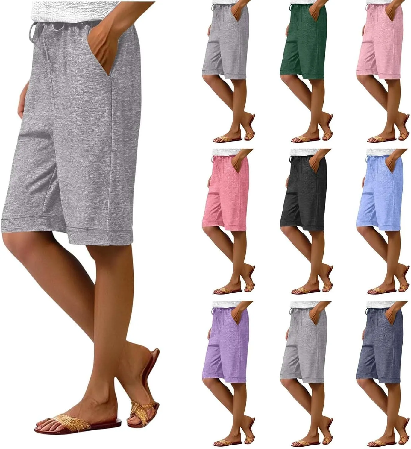 Cotton Sweat Shorts with Pockets for Women 10" Athletic Lounge Sports Workout Bermuda Knee Shorts